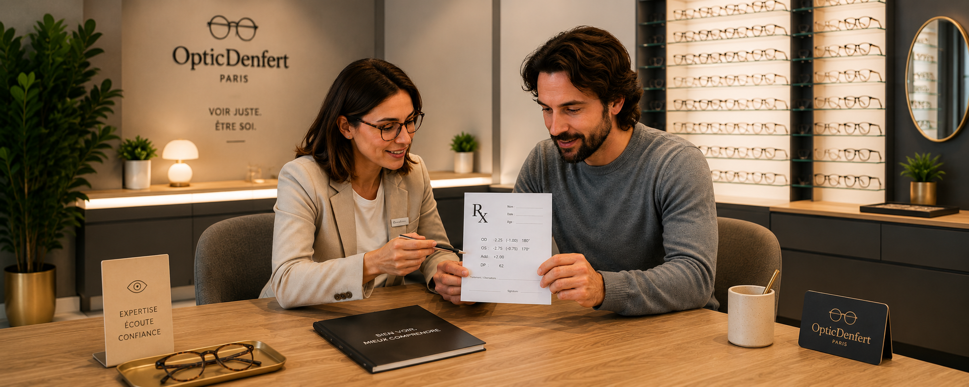 Opticien expliquant une ordonnance à un patient