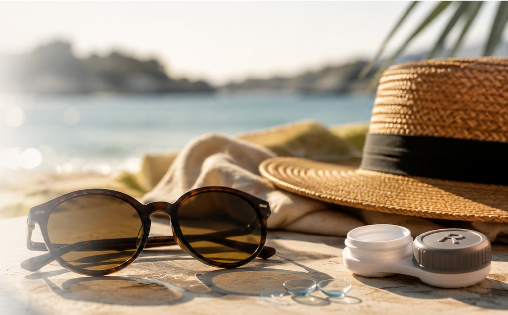 Lunettes de soleil et étui à lentilles sur une plage